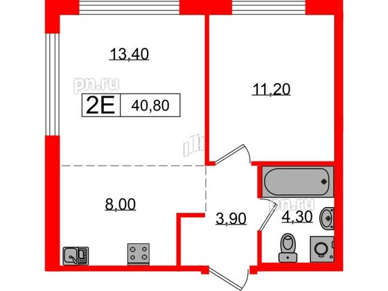 Квартира в ЖК Лермонтовский 54, 1 комнатная, 40.8 м², 1 этаж