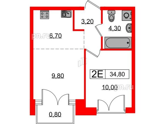 Квартира в ЖК Лермонтовский 54, 1 комнатная, 34.8 м², 3 этаж