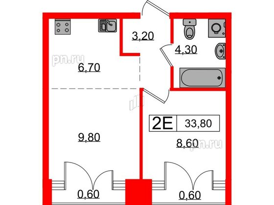 Квартира в ЖК Лермонтовский 54, 1 комнатная, 33.8 м², 9 этаж