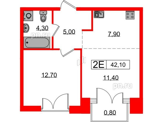 Квартира в ЖК Лермонтовский 54, 1 комнатная, 42.1 м², 7 этаж