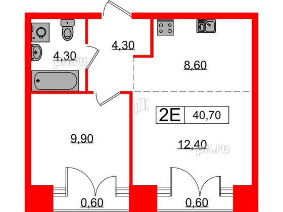 Квартира в ЖК Лермонтовский 54, 1 комнатная, 40.7 м², 9 этаж