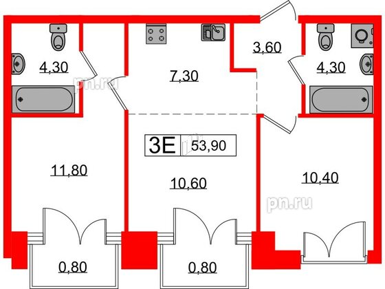 Квартира в ЖК Лермонтовский 54, 2 комнатная, 53.9 м², 2 этаж