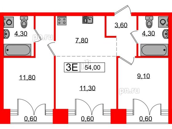 Квартира в ЖК Лермонтовский 54, 2 комнатная, 54 м², 9 этаж