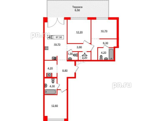 Квартира в ЖК Лермонтовский 54, 3 комнатная, 97.5 м², 1 этаж