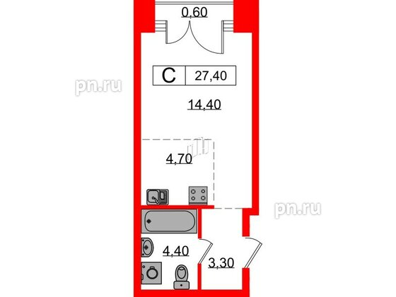 Квартира в ЖК Лермонтовский 54, студия, 27.4 м², 8 этаж