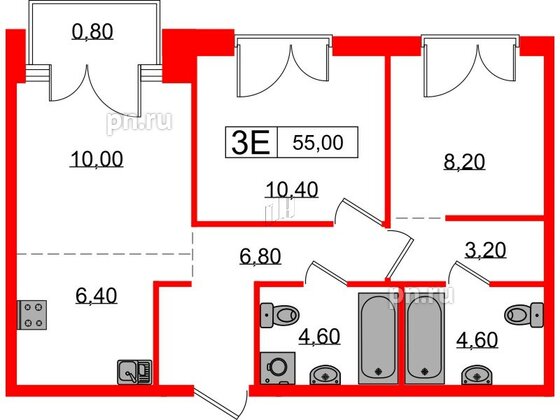 Квартира в ЖК Лермонтовский 54, 2 комнатная, 55 м², 3 этаж