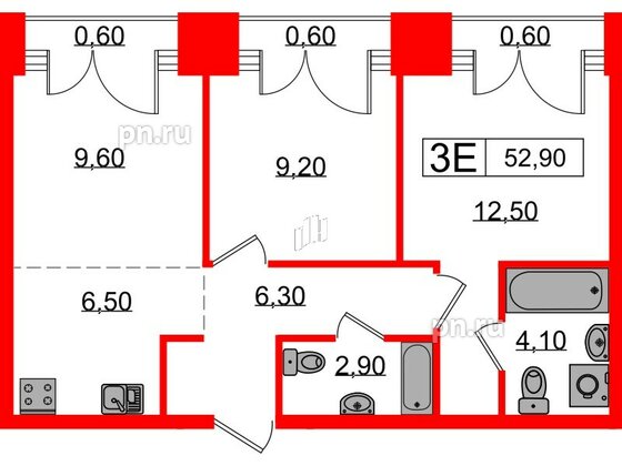 Квартира в ЖК Лермонтовский 54, 2 комнатная, 52.9 м², 8 этаж