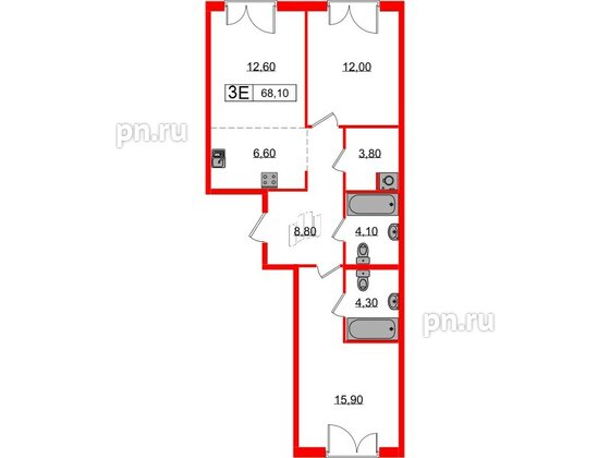 Квартира в ЖК Лермонтовский 54, 2 комнатная, 68.1 м², 3 этаж