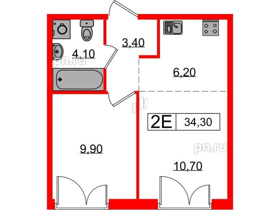 Квартира в ЖК Лермонтовский 54, 1 комнатная, 34.3 м², 2 этаж