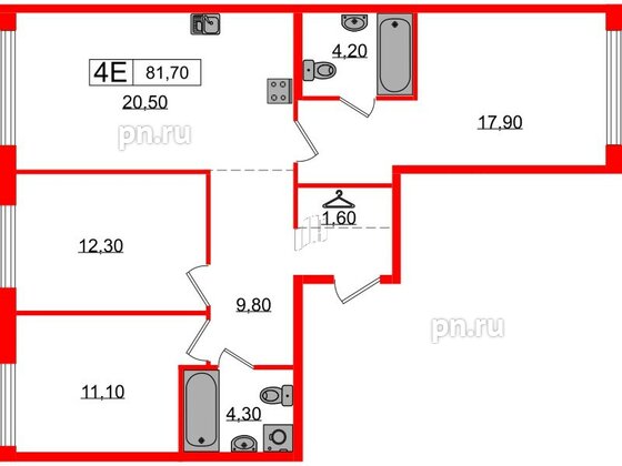 Квартира в ЖК Лермонтовский 54, 3 комнатная, 81.7 м², 1 этаж