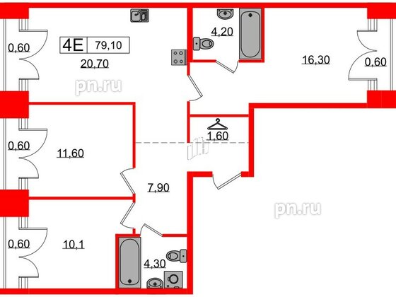 Квартира в ЖК Лермонтовский 54, 3 комнатная, 79.1 м², 9 этаж