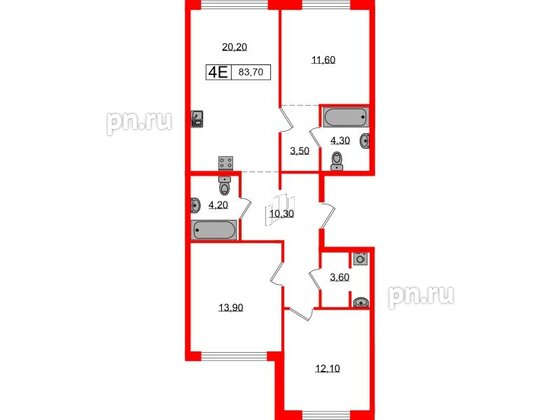 Квартира в ЖК Лермонтовский 54, 3 комнатная, 83.7 м², 1 этаж