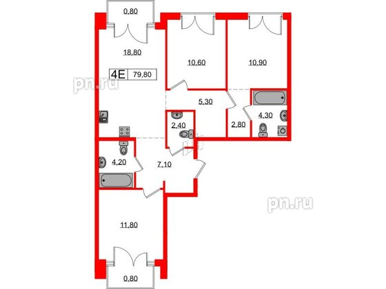 Квартира в ЖК Лермонтовский 54, 3 комнатная, 79.8 м², 6 этаж