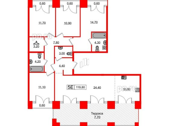 Квартира в ЖК Лермонтовский 54, 4 комнатная, 119.8 м², 9 этаж