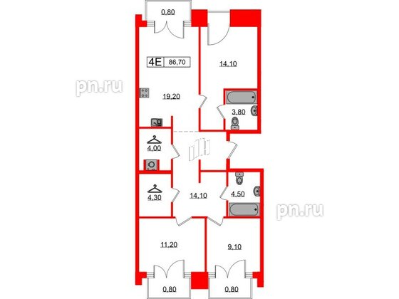 Квартира в ЖК Лермонтовский 54, 3 комнатная, 86.7 м², 3 этаж