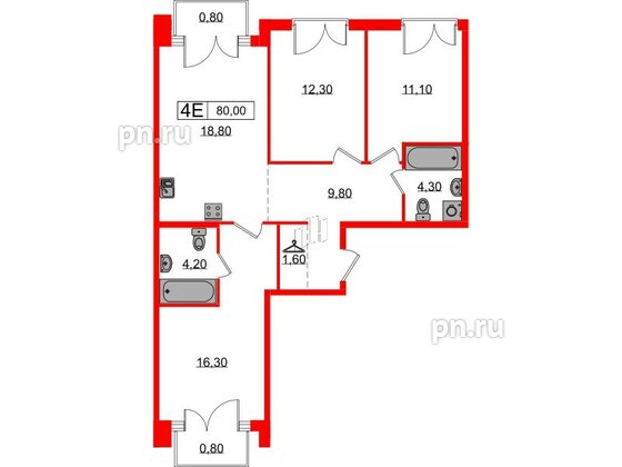 Квартира в ЖК «Лермонтовский 54», 3 комнатная, 80.2 м², 6 этаж