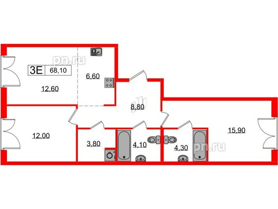 Квартира в ЖК Лермонтовский 54, 2 комнатная, 68.1 м², 2 этаж