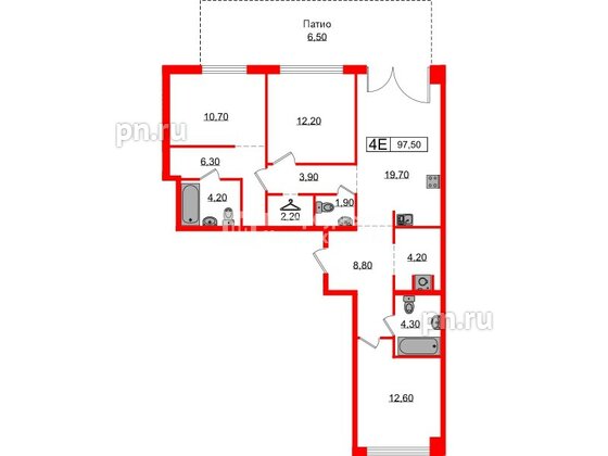 Квартира в ЖК «Лермонтовский 54», 3 комнатная, 96.9 м², 1 этаж