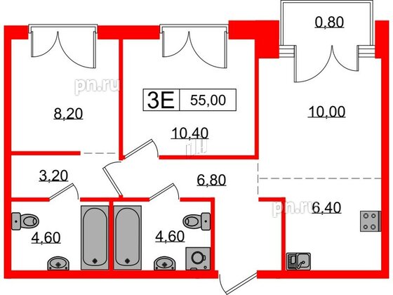 Квартира в ЖК Лермонтовский 54, 2 комнатная, 55 м², 3 этаж