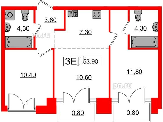 Квартира в ЖК Лермонтовский 54, 2 комнатная, 53.9 м², 3 этаж