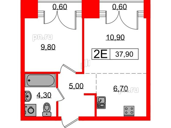 Квартира в ЖК Лермонтовский 54, 1 комнатная, 37.9 м², 8 этаж