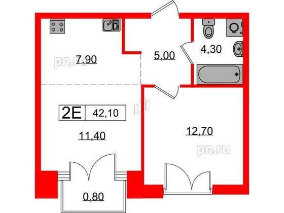 Квартира в ЖК Лермонтовский 54, 1 комнатная, 42.1 м², 4 этаж