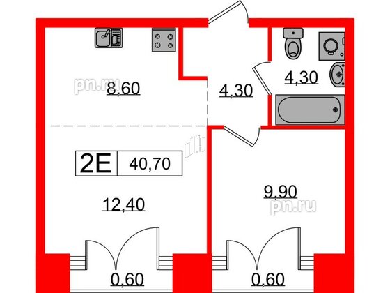 Квартира в ЖК Лермонтовский 54, 1 комнатная, 40.7 м², 8 этаж