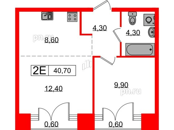 Квартира в ЖК Лермонтовский 54, 1 комнатная, 40.7 м², 9 этаж