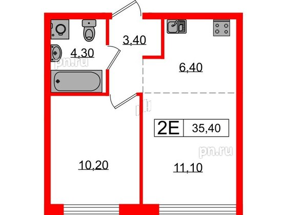 Квартира в ЖК Лермонтовский 54, 1 комнатная, 35.4 м², 1 этаж