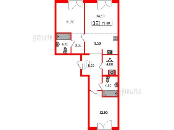 Квартира в ЖК Лермонтовский 54, 2 комнатная, 72.8 м², 2 этаж