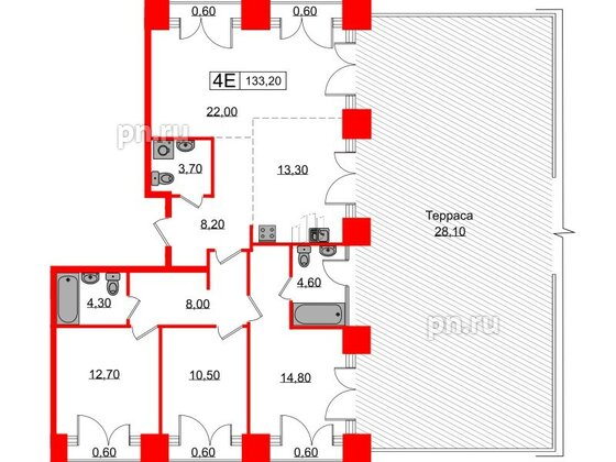 Квартира в ЖК Лермонтовский 54, 3 комнатная, 133.2 м², 8 этаж