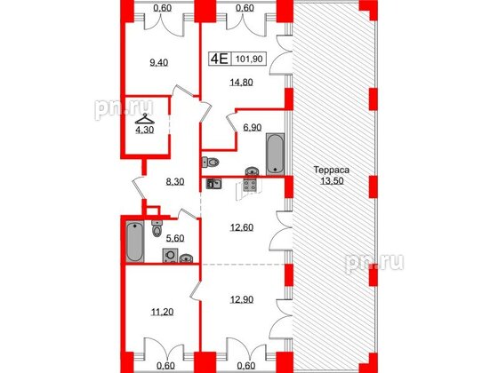 Квартира в ЖК Лермонтовский 54, 3 комнатная, 101.9 м², 9 этаж