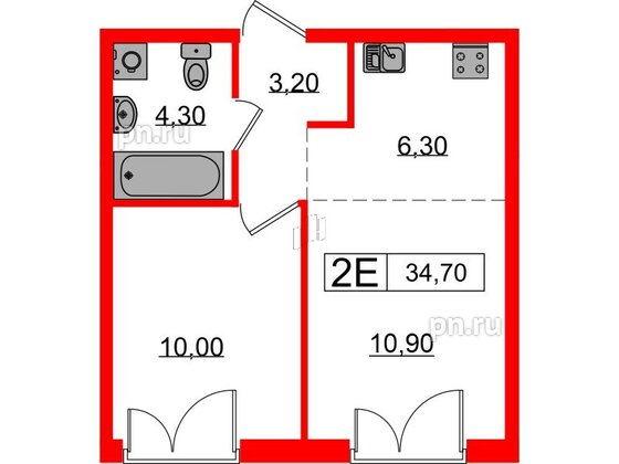 Квартира в ЖК Лермонтовский 54, 1 комнатная, 34.7 м², 2 этаж