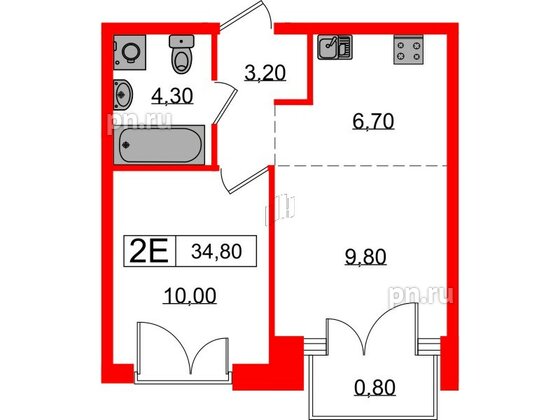 Квартира в ЖК Лермонтовский 54, 1 комнатная, 34.8 м², 3 этаж