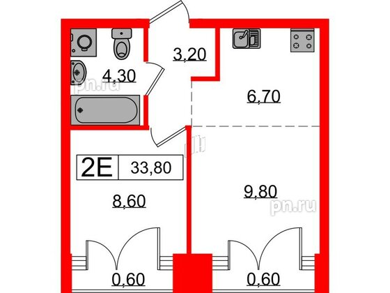 Квартира в ЖК Лермонтовский 54, 1 комнатная, 33.8 м², 8 этаж