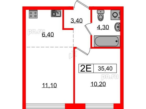 Квартира в ЖК Лермонтовский 54, 1 комнатная, 35.4 м², 1 этаж