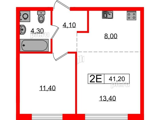 Квартира в ЖК Лермонтовский 54, 1 комнатная, 41.2 м², 1 этаж