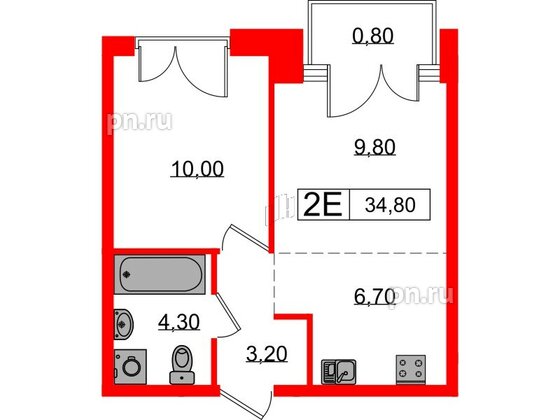 Квартира в ЖК Лермонтовский 54, 1 комнатная, 34.8 м², 2 этаж