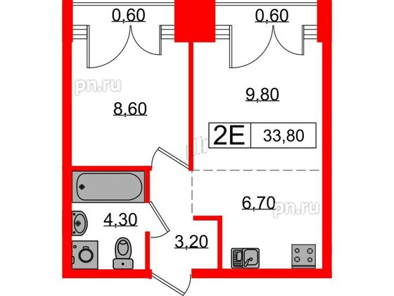 Квартира в ЖК Лермонтовский 54, 1 комнатная, 33.8 м², 8 этаж