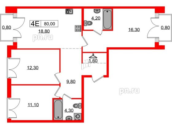 Квартира в ЖК «Лермонтовский 54», 3 комнатная, 80.3 м², 6 этаж