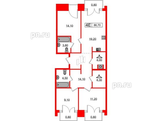 Квартира в ЖК Лермонтовский 54, 3 комнатная, 86.7 м², 2 этаж