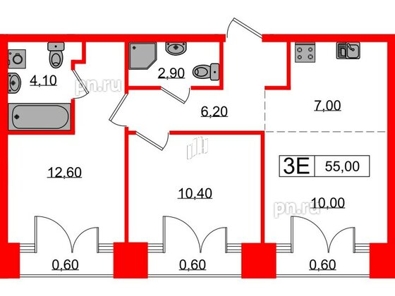 Квартира в ЖК Лермонтовский 54, 2 комнатная, 55 м², 8 этаж