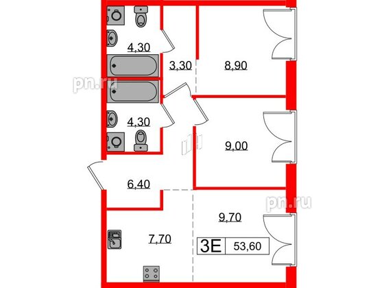 Квартира в ЖК Лермонтовский 54, 2 комнатная, 53.6 м², 7 этаж