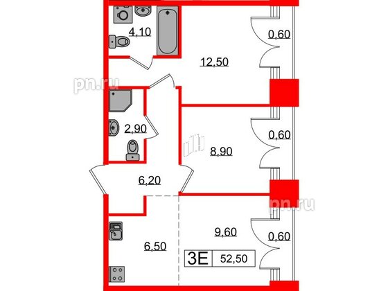 Квартира в ЖК Лермонтовский 54, 2 комнатная, 52.5 м², 9 этаж