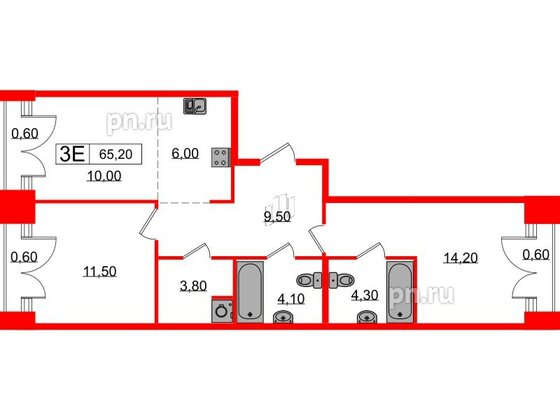 Квартира в ЖК Лермонтовский 54, 2 комнатная, 65.2 м², 9 этаж