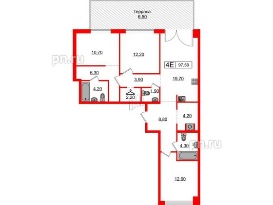 Квартира в ЖК Лермонтовский 54, 3 комнатная, 97.5 м², 1 этаж