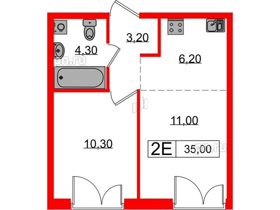 Квартира в ЖК Лермонтовский 54, 1 комнатная, 35 м², 2 этаж