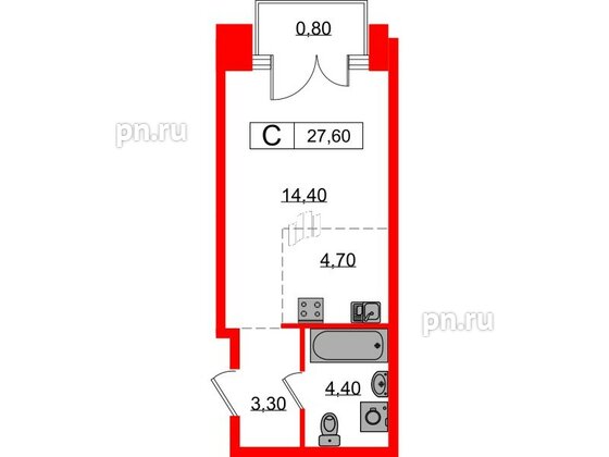 Квартира в ЖК Лермонтовский 54, студия, 27.6 м², 2 этаж