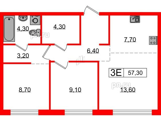 Квартира в ЖК Лермонтовский 54, 2 комнатная, 57.3 м², 1 этаж