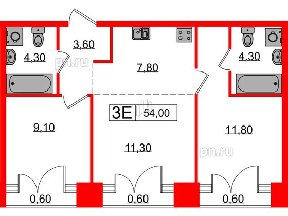 Квартира в ЖК Лермонтовский 54, 2 комнатная, 54 м², 9 этаж